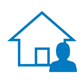 Blue outline of a home with man outside